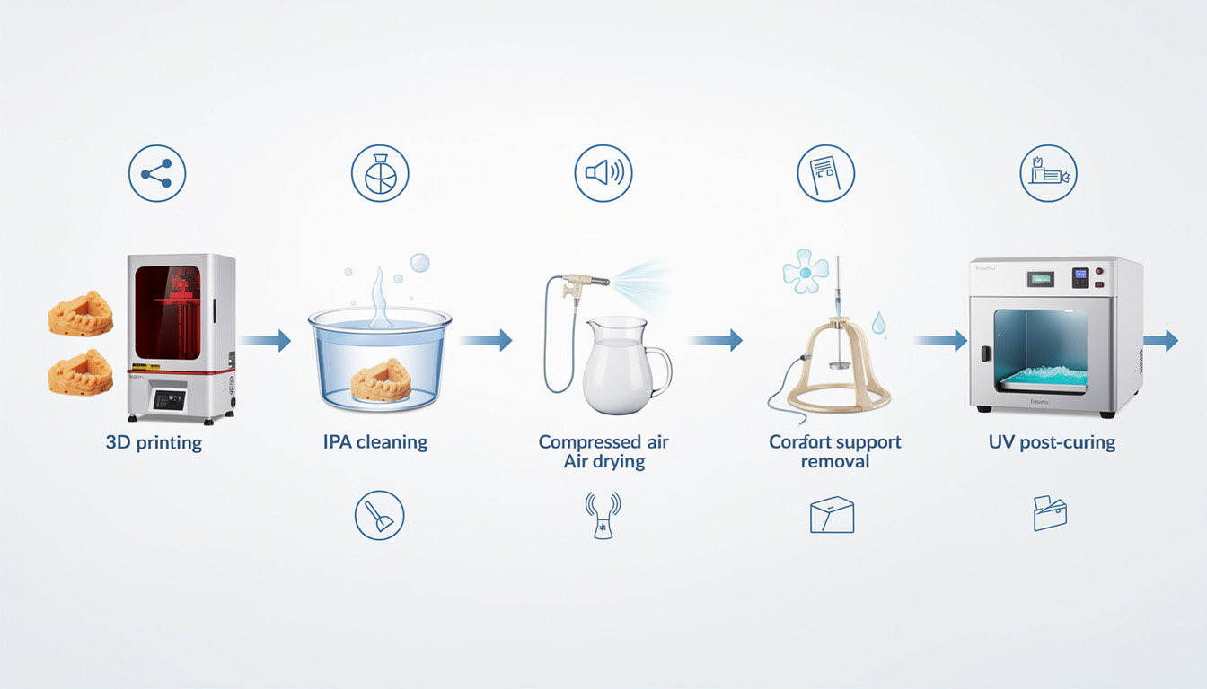 Castable dental resin workflow showing printing cleaning drying support removal and UV post-curing
