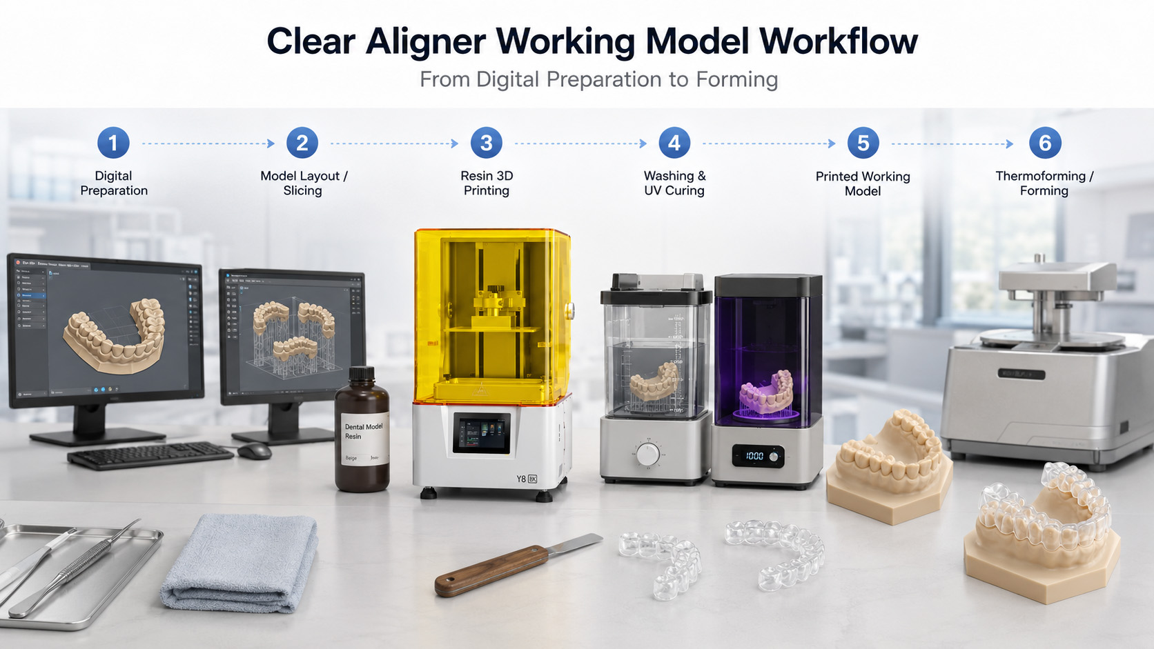 Clear aligner working model workflow from digital preparation to forming