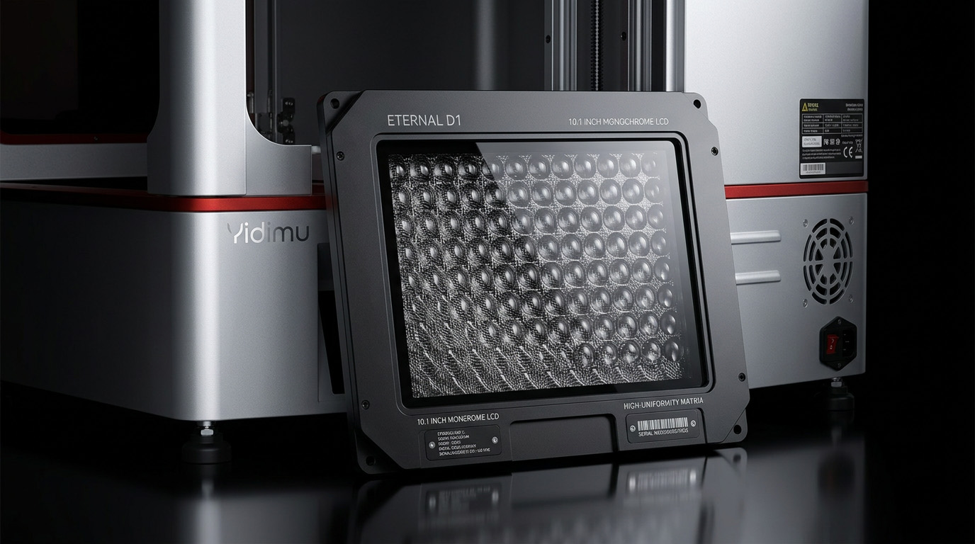 Close view of the Eternal D1 10.1-inch monochrome LCD exposure system