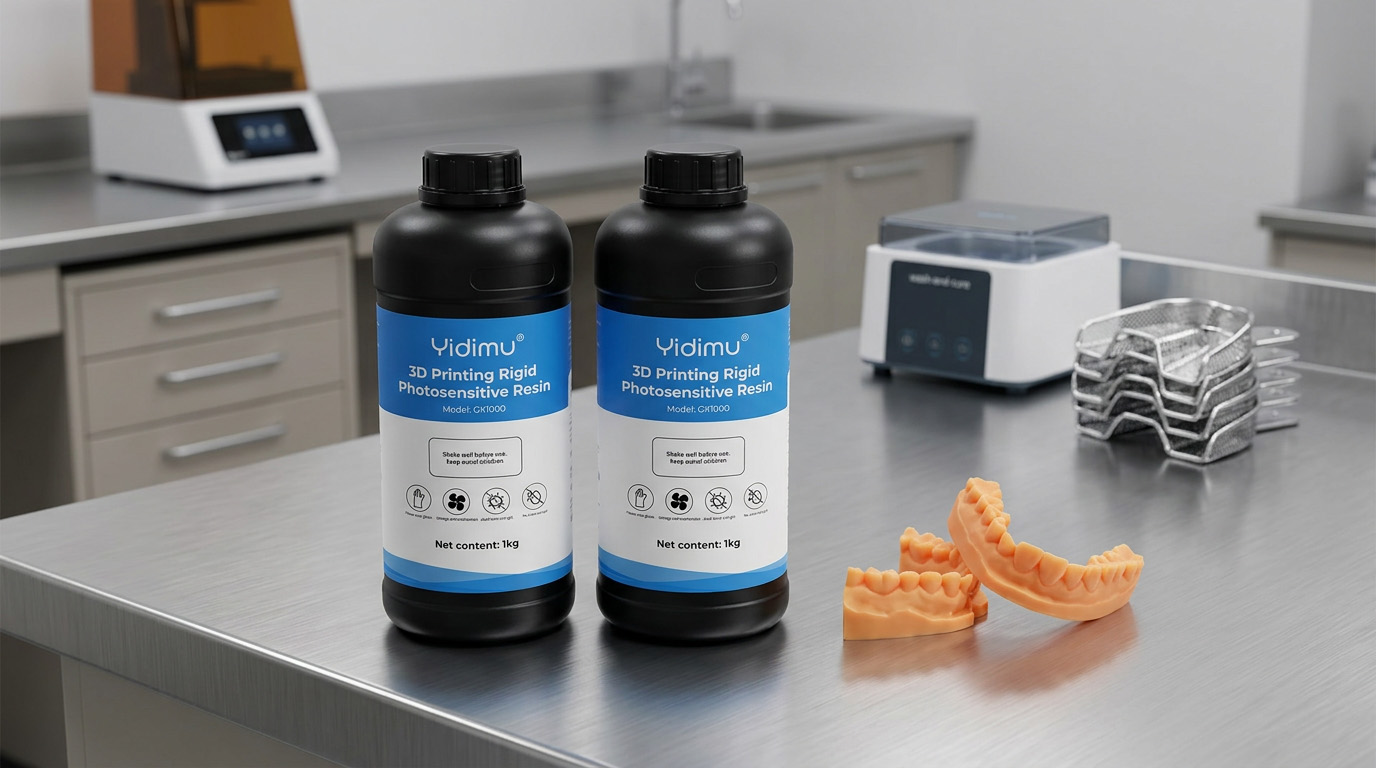 Dental 3D printed models and Yidimu resin bottles in a professional dental laboratory