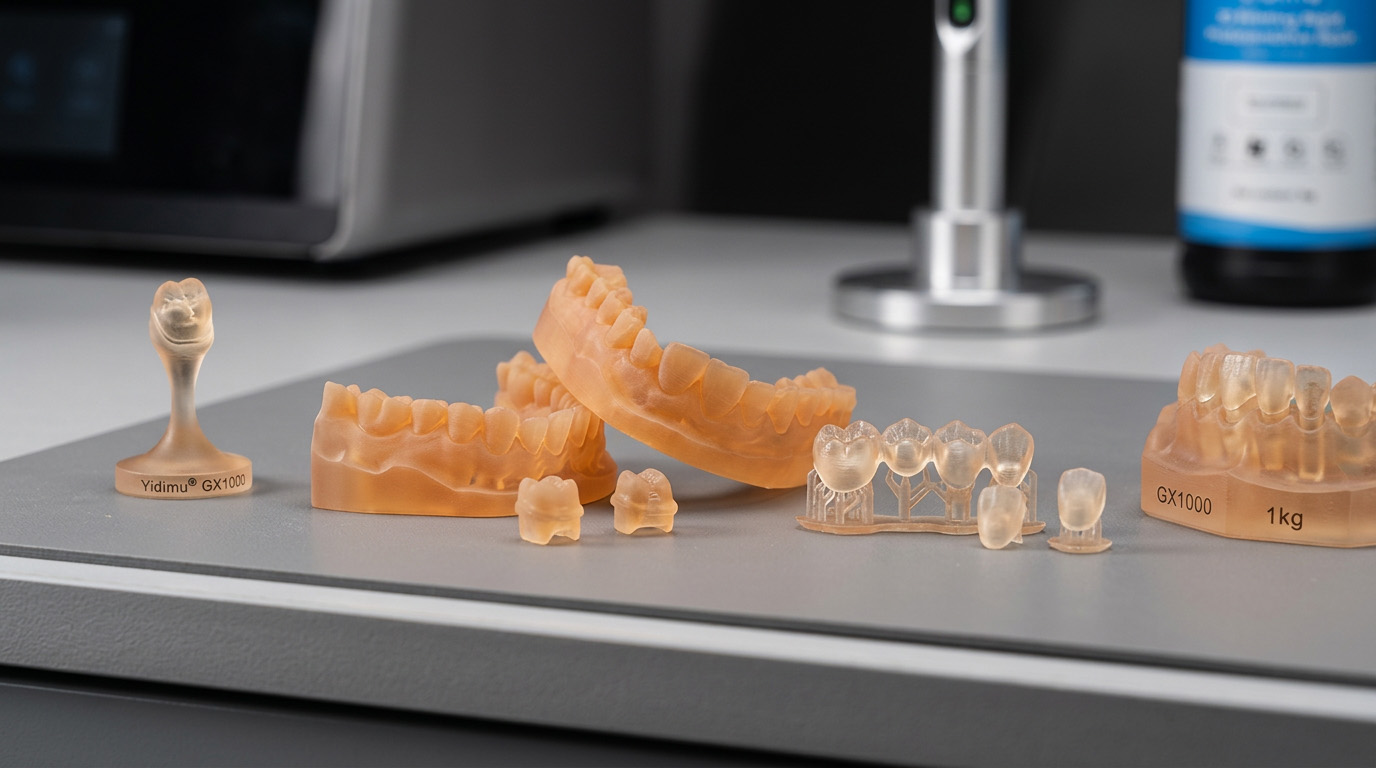 Yidimu dental model resin bottles with printed full-arch dental models in a professional laboratory
