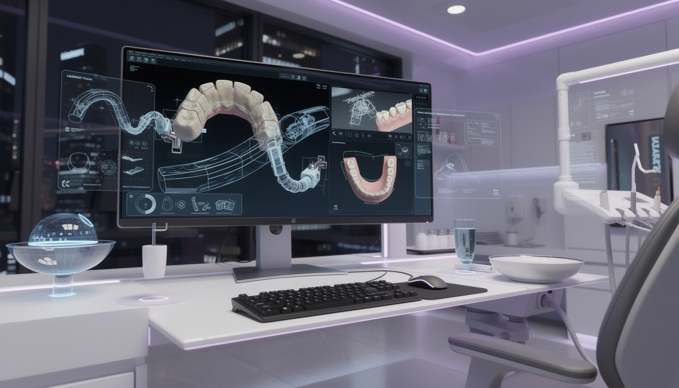 Dental CAD software displaying casting patterns with margins connectors and support planning