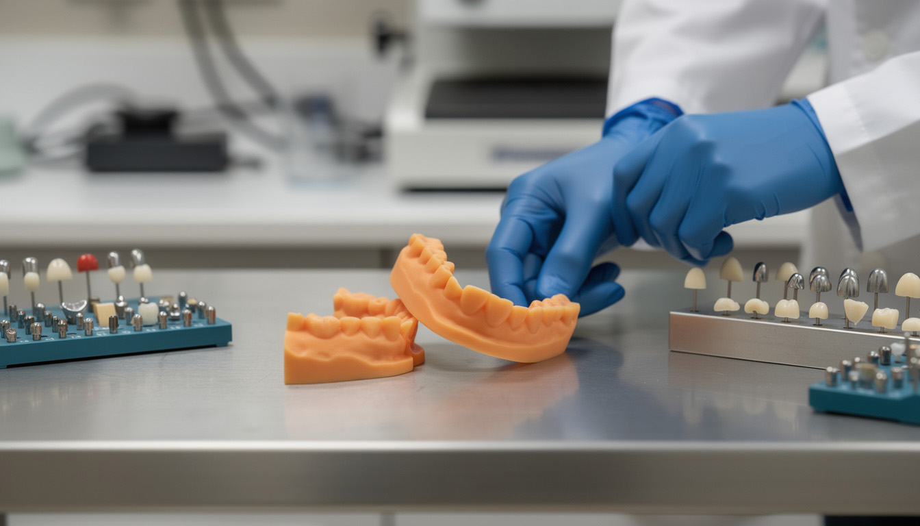 Dental laboratory evaluating printed resin patterns before investment and casting