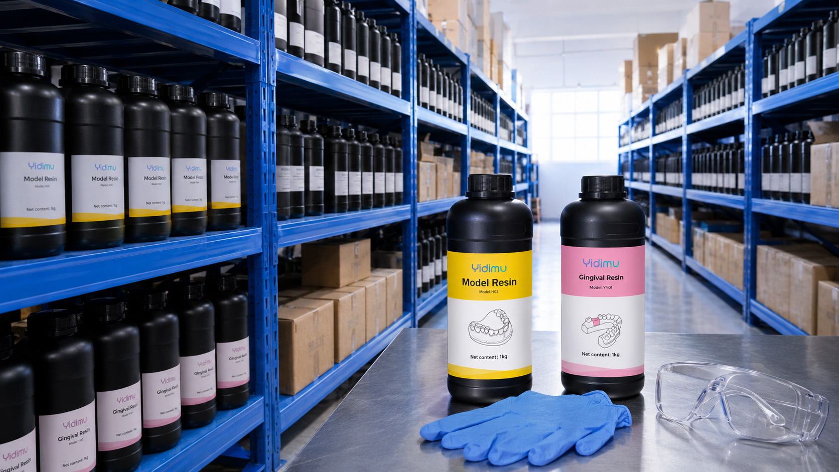 Dental laboratory resin storage area with sealed bottles, gloves and protective eyewear
