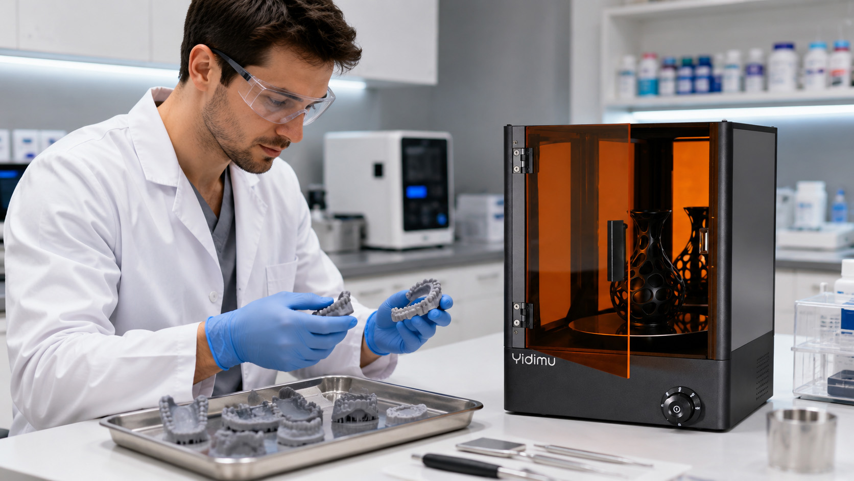 Yidimu technician reviewing a printed dental model and resin 3D printing workflow