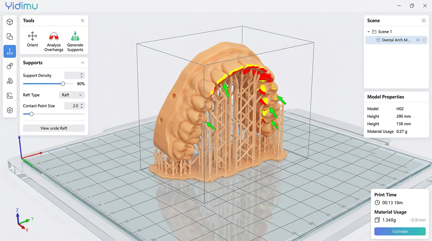 Dental model orientation and support preparation in slicing software