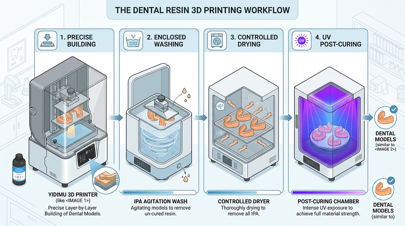 Dental resin 3D printing workflow showing printing, washing, drying and UV post-curing