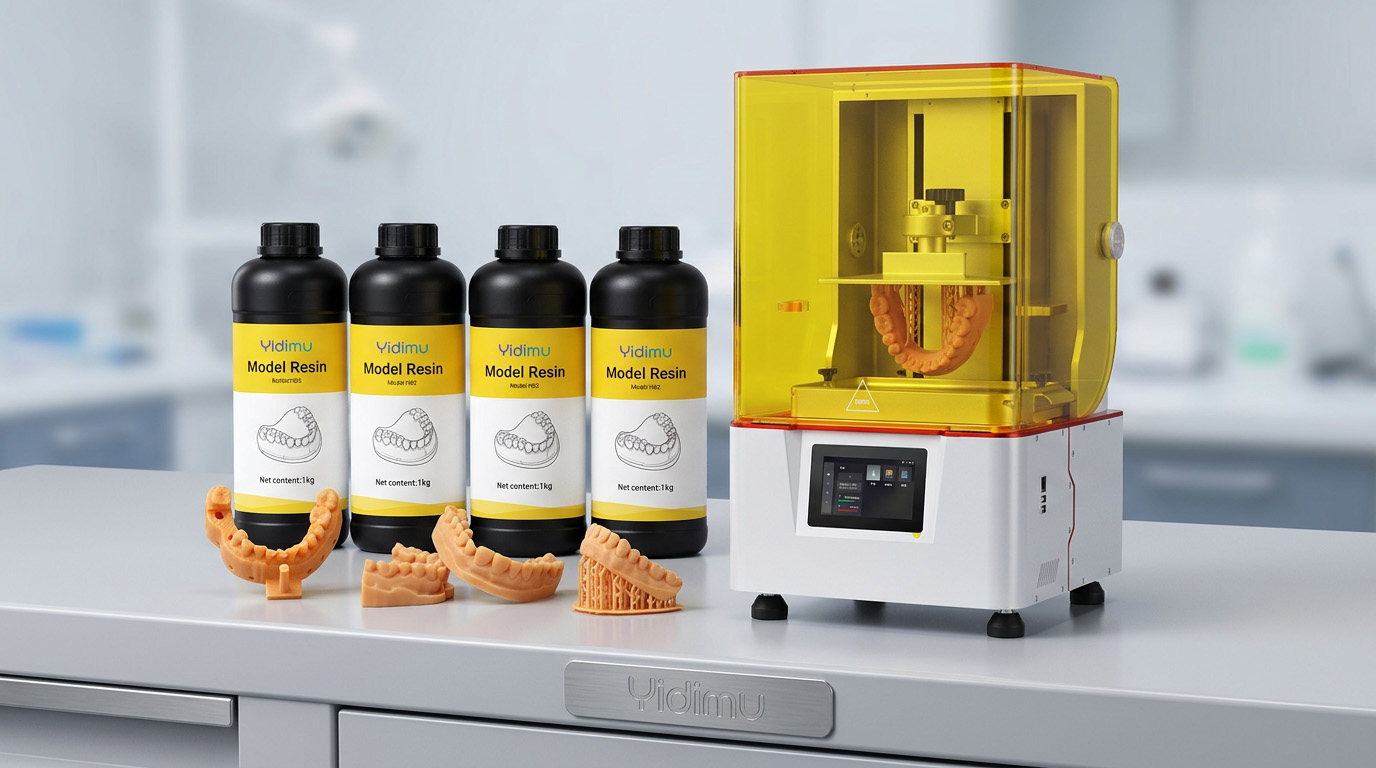 Dental resin bottles and printed dental models beside a Yidimu resin 3D printer