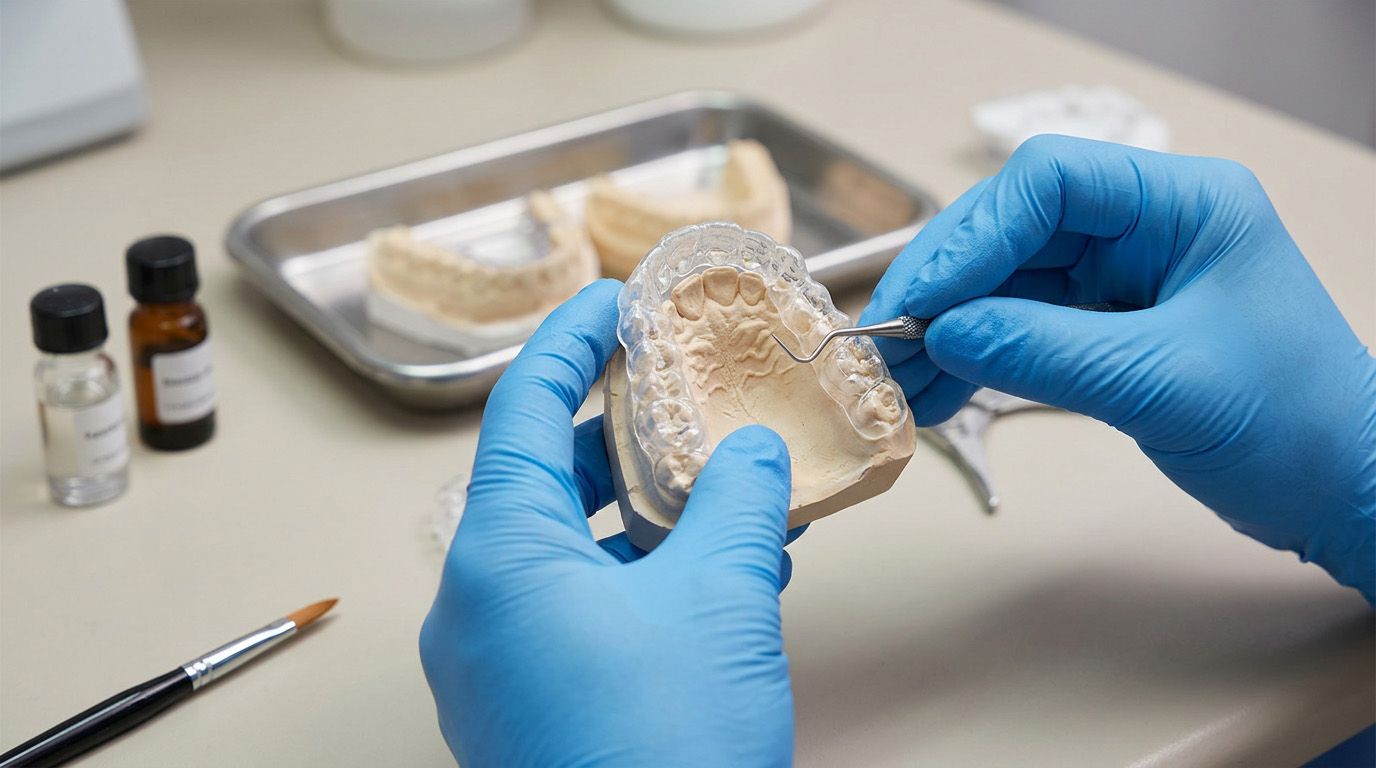 Dental technician examining printed crown and bridge working models
