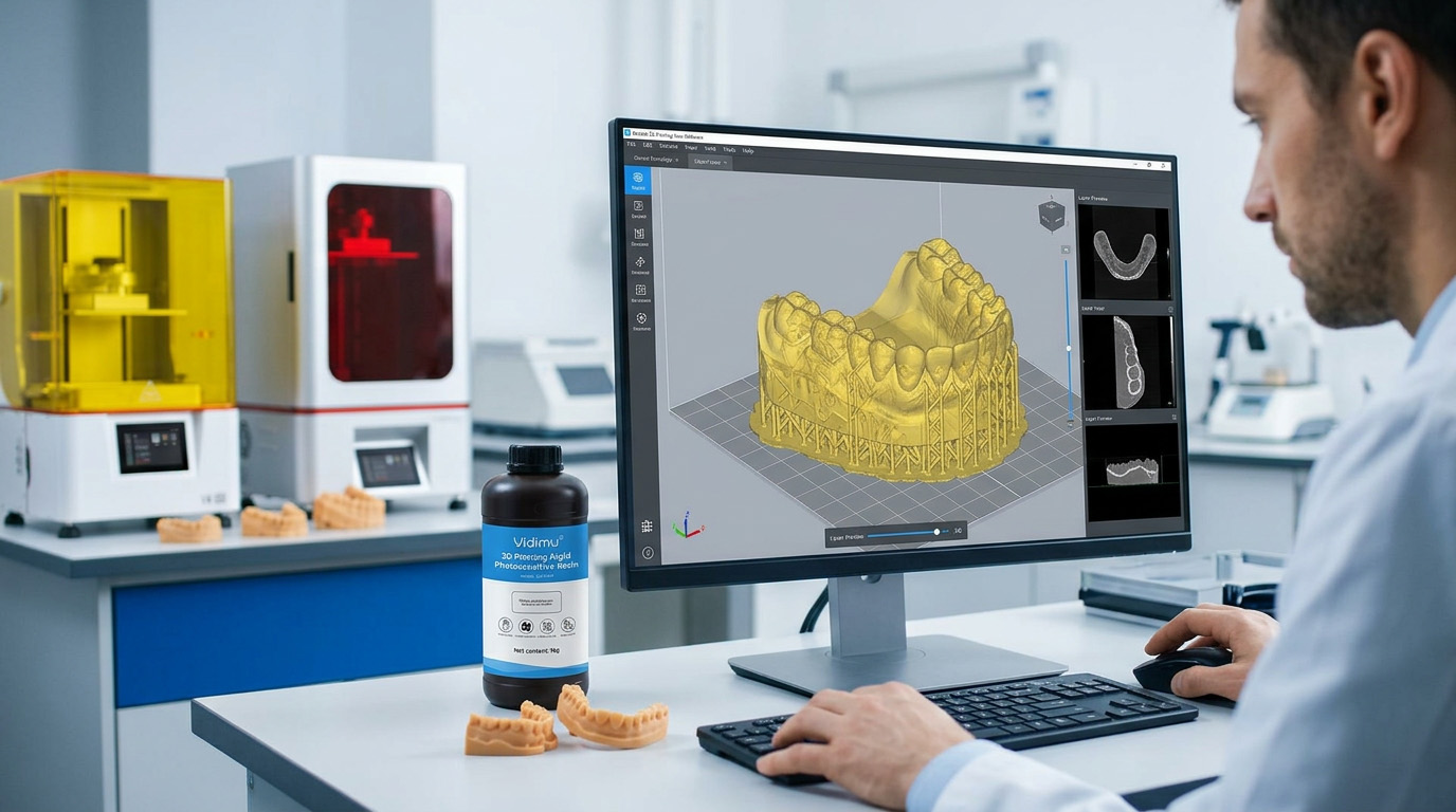 Dental technician preparing a full-arch dental model in slicing software before resin printing