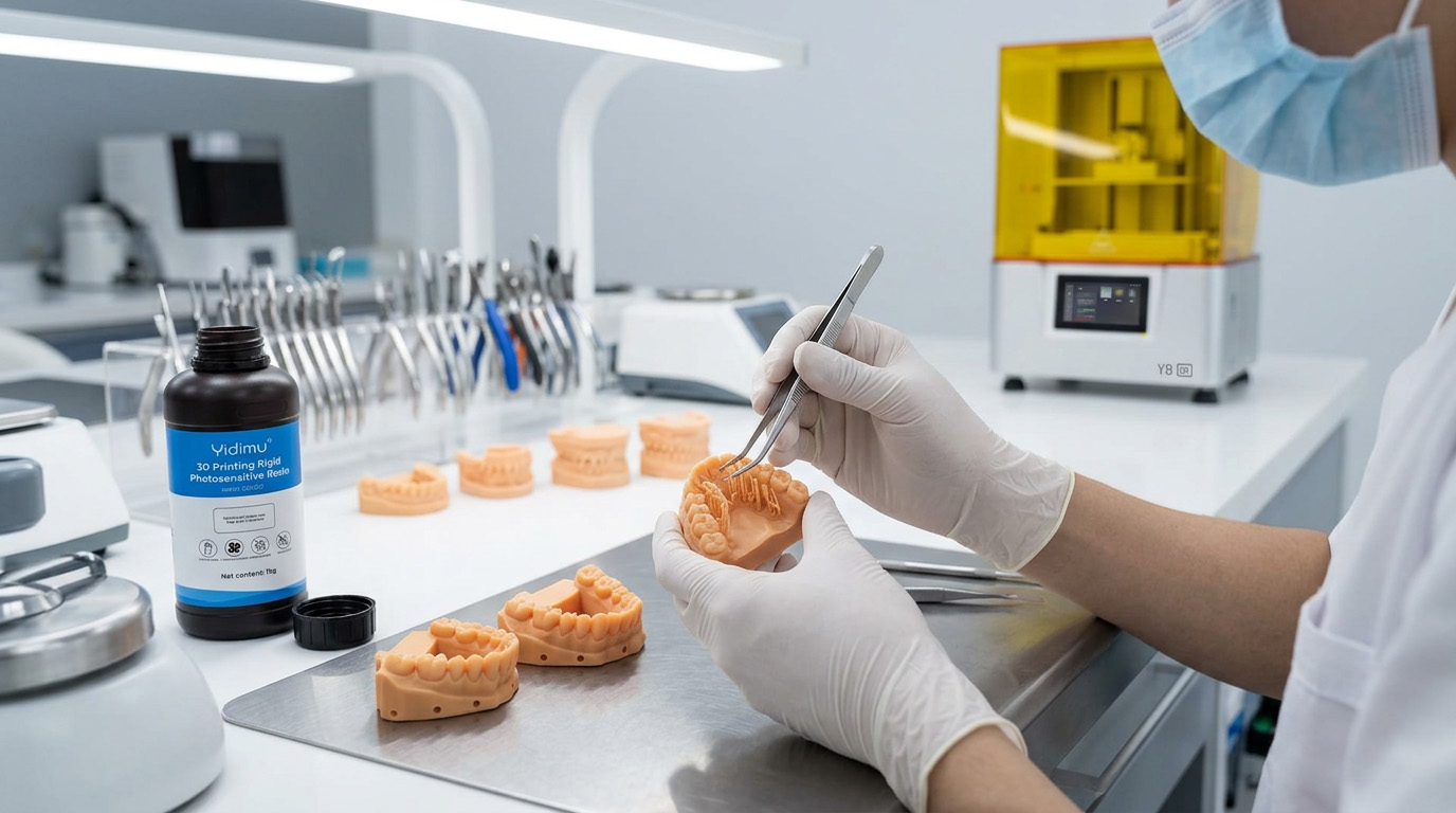 Dental technician removing supports and inspecting a printed full-arch dental model