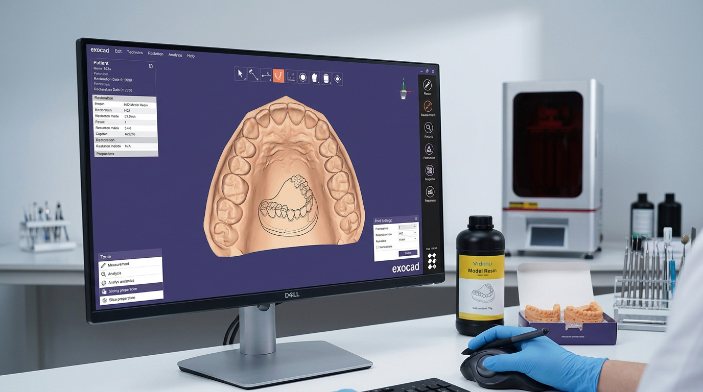 Digital dental model file being reviewed before resin printing