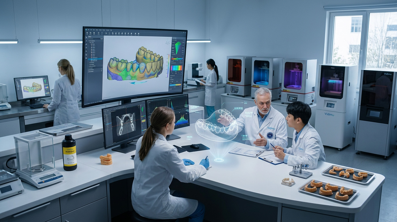Digital dental production team reviewing three-dimensional model data
