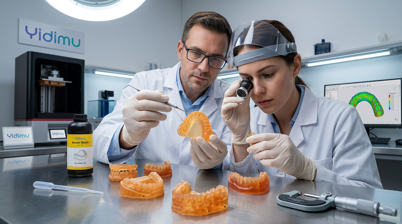 Engineering team inspecting detailed resin printed samples