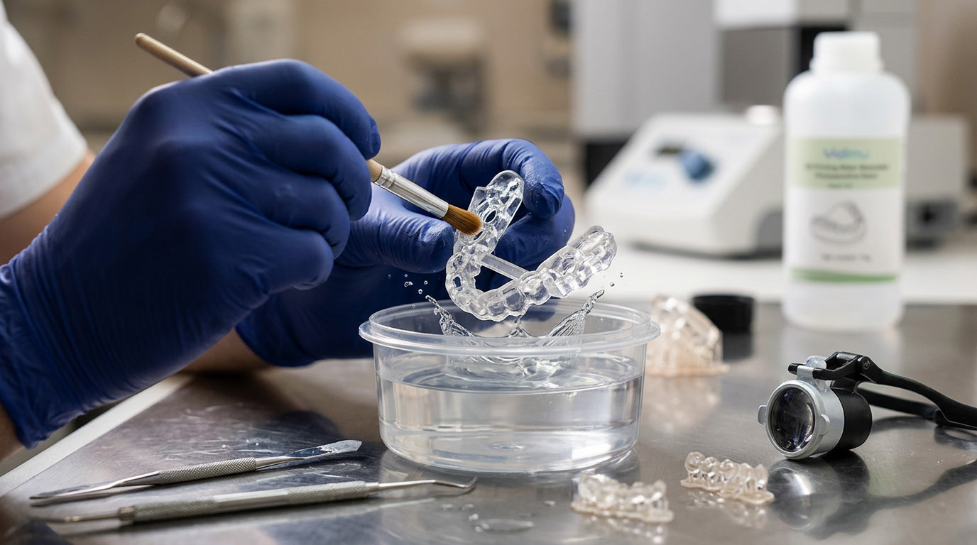 Gloved dental laboratory operator cleaning a printed dental model in a dedicated container