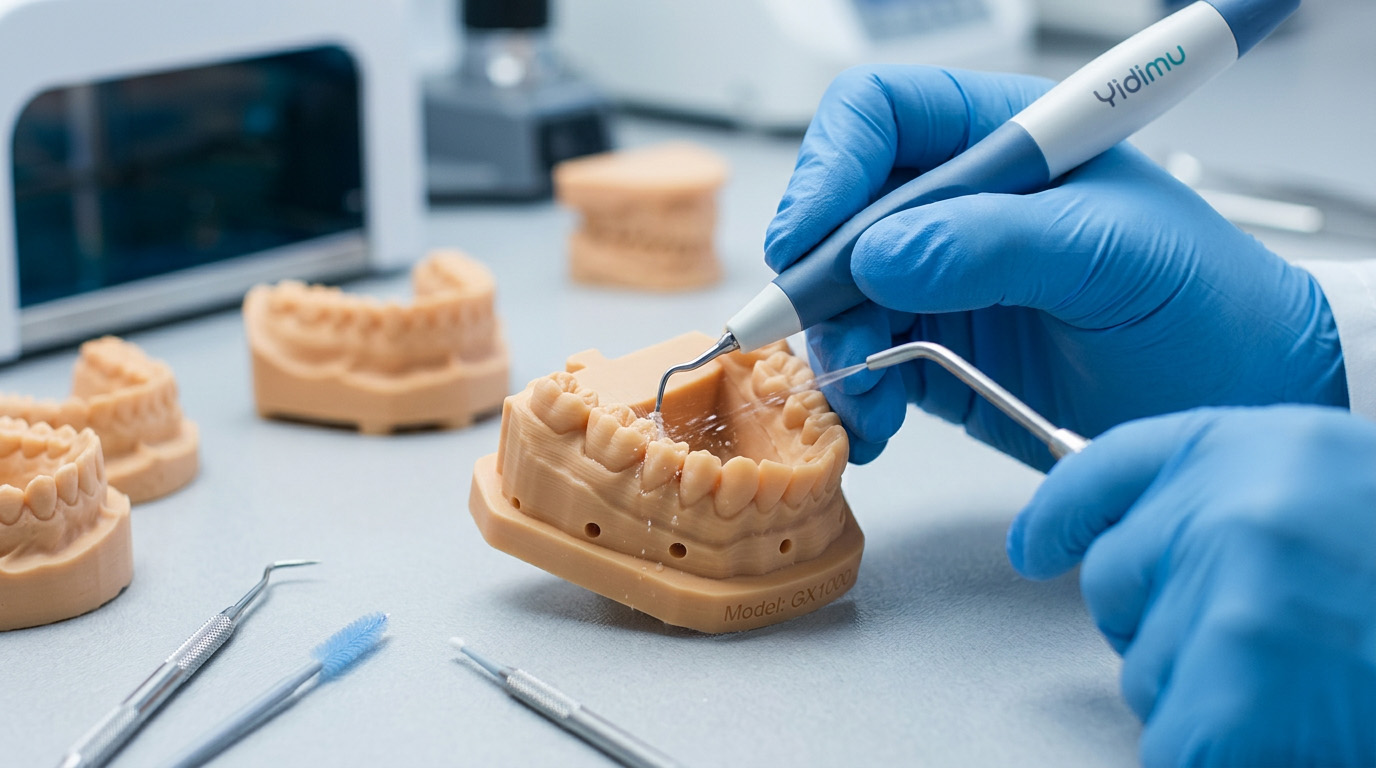 Gloved dental laboratory operator cleaning and drying a resin printed dental model