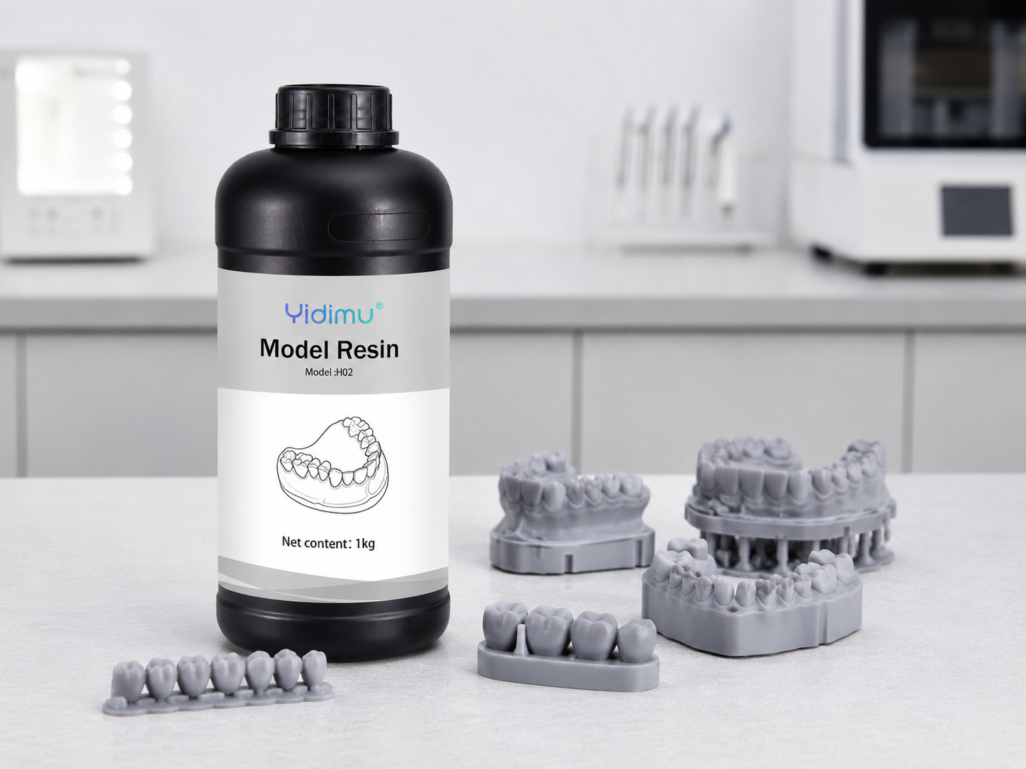 Gray Yidimu dental model resin bottle beside printed crown and bridge working models