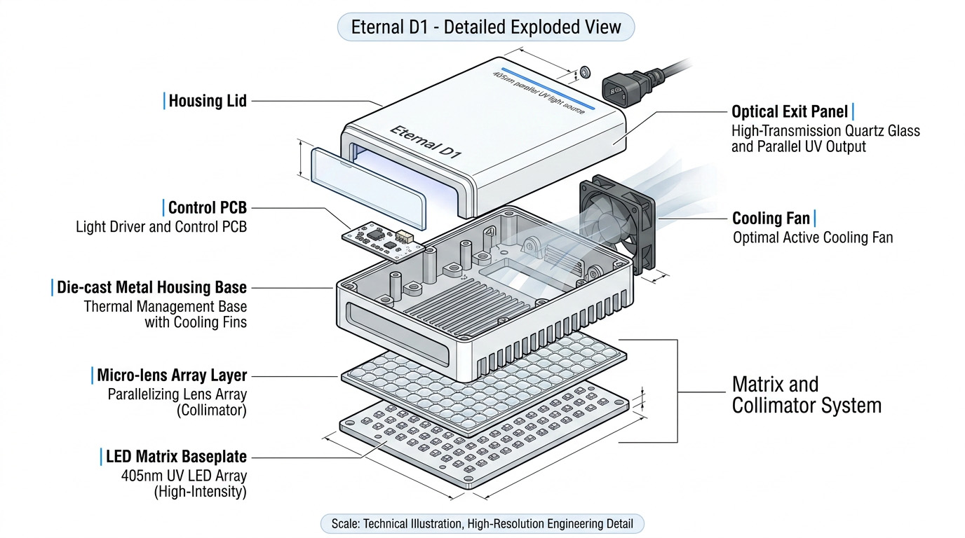 Illustration of the Eternal D1 405 nanometer parallel UV light source