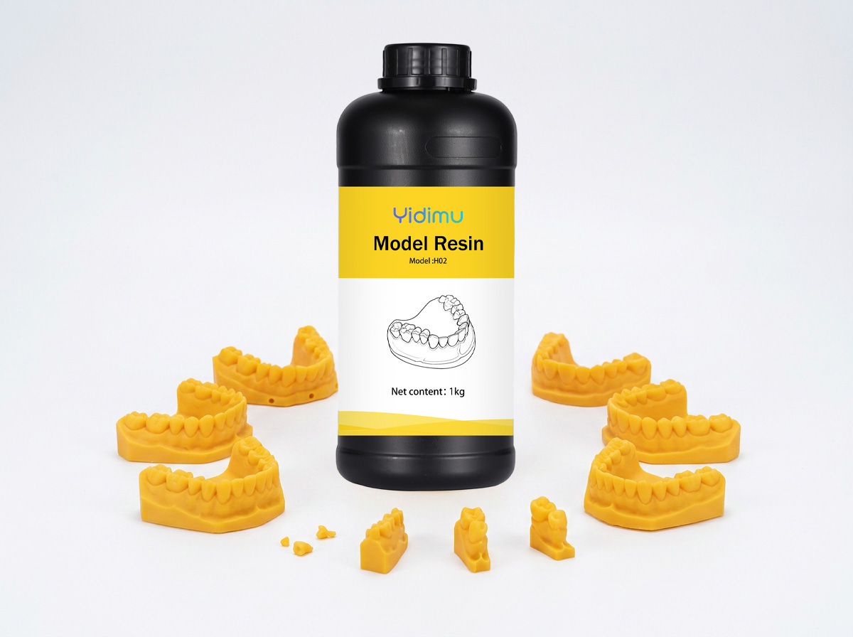 Yellow Yidimu dental model resin bottle with printed orthodontic study models