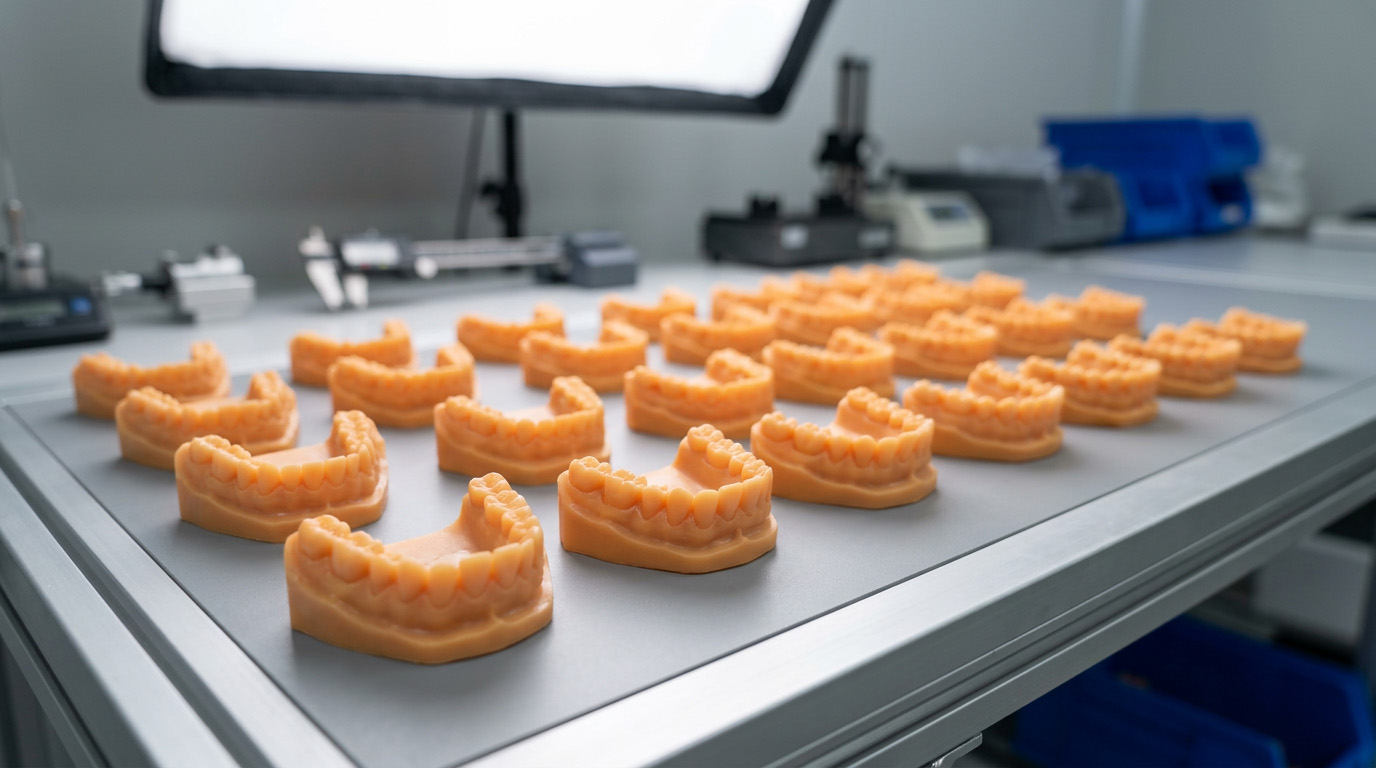 Multiple resin dental models arranged for production inspection