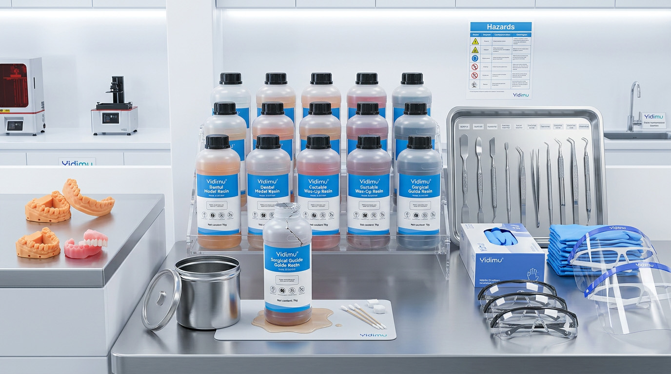 Organized dental resin storage area with sealed bottles, gloves, eye protection and labeled tools
