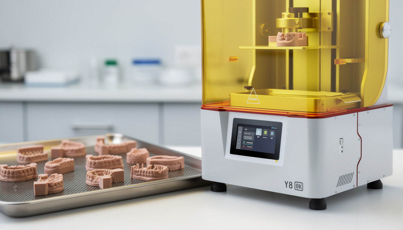 Printed dental casting patterns arranged beside a resin 3D printer in a professional dental laboratory
