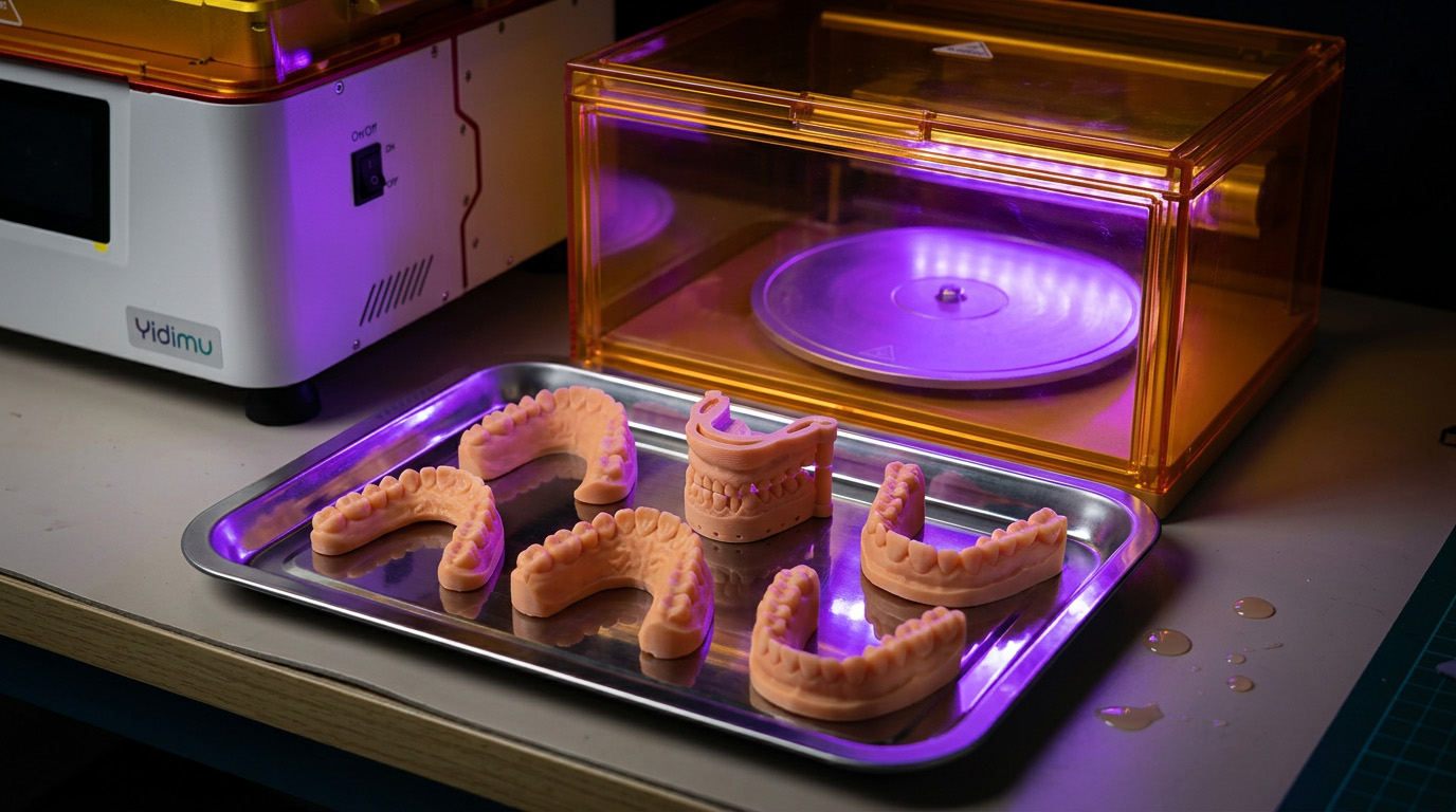 Printed dental models positioned inside a Yidimu UV curing box