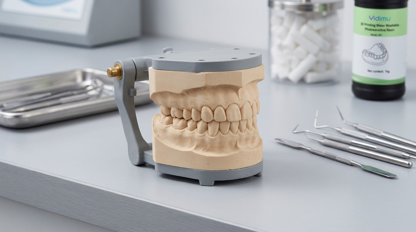 Printed upper and lower dental working models arranged for laboratory inspection