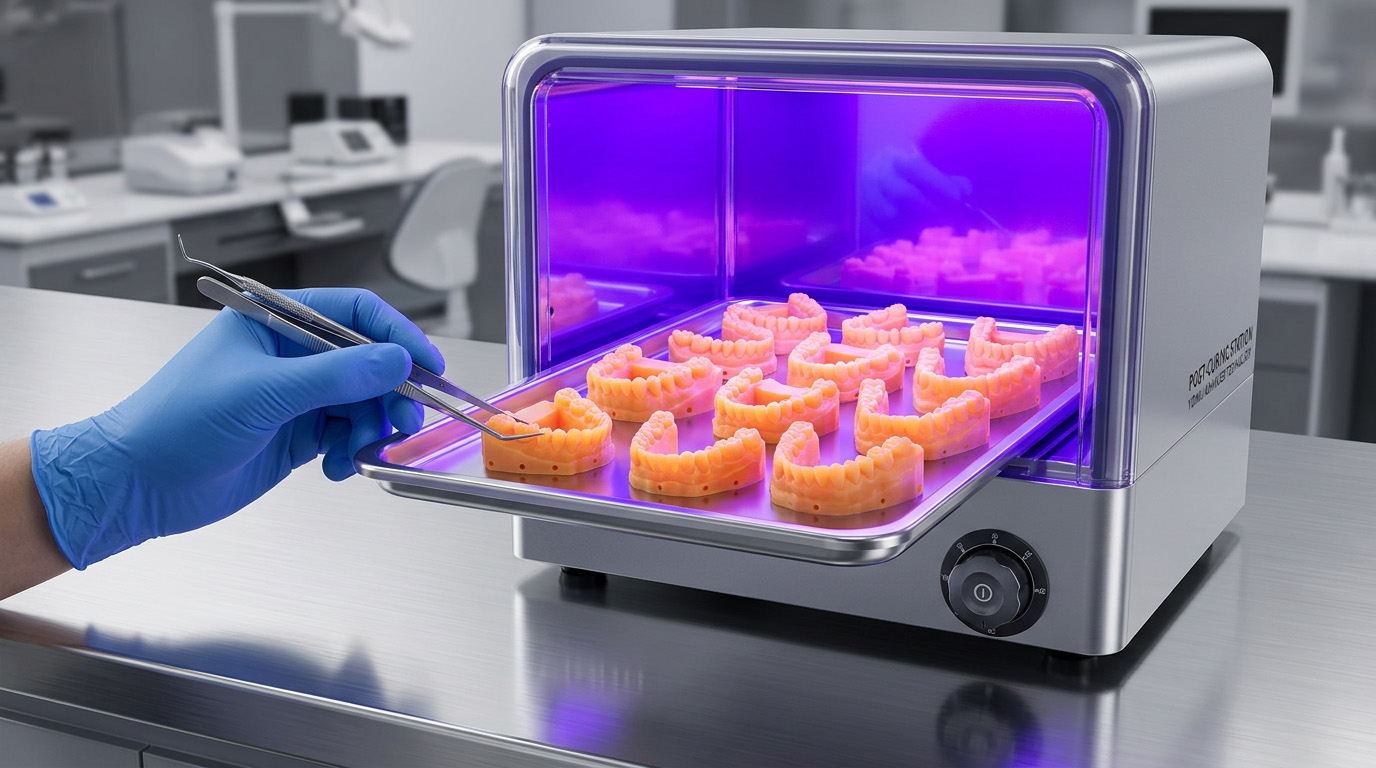 Resin dental models undergoing UV post-curing and inspection