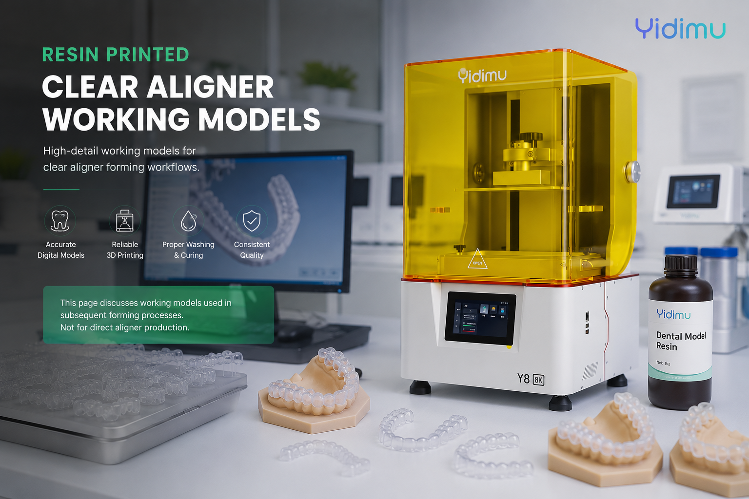 Resin printed clear aligner working models arranged in a digital dental laboratory