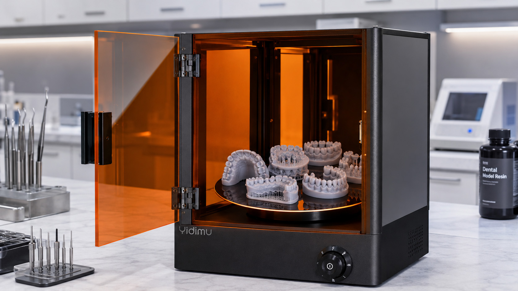 Resin-printed dental models arranged inside a UV post-curing chamber