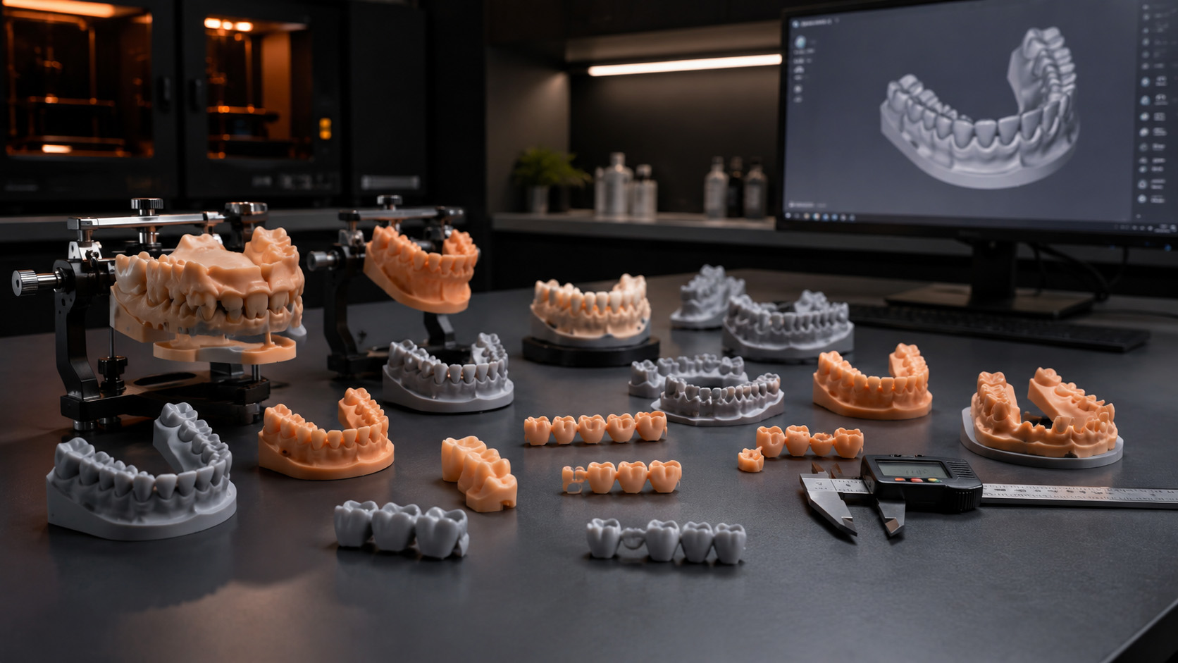 Resin printed dental working models arranged for laboratory inspection