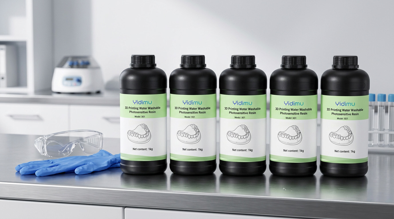 Sealed dental resin bottles stored with gloves and protective eyewear in a controlled work area