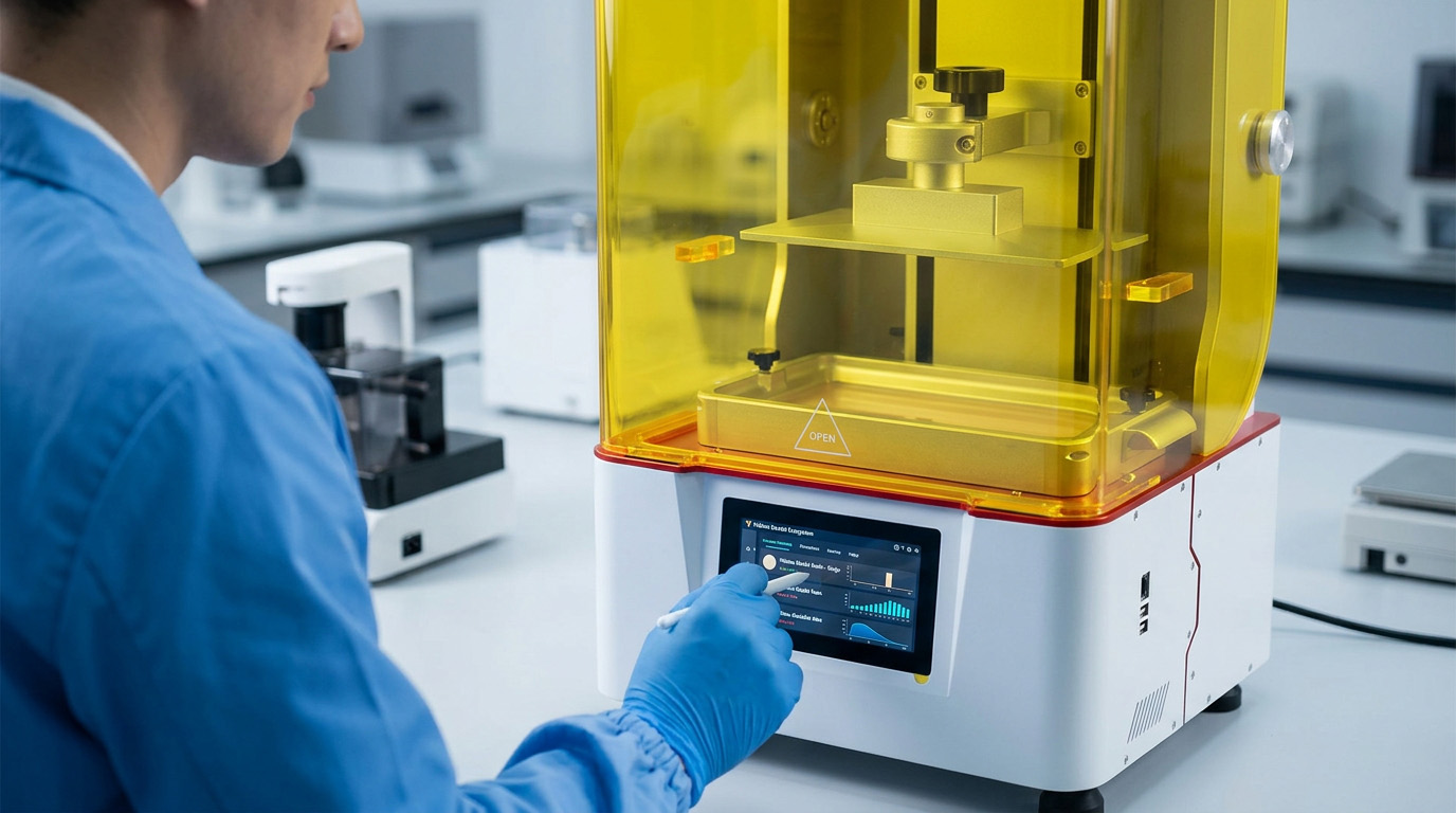 Technician checking dental resin compatibility settings on a Yidimu dental 3D printer
