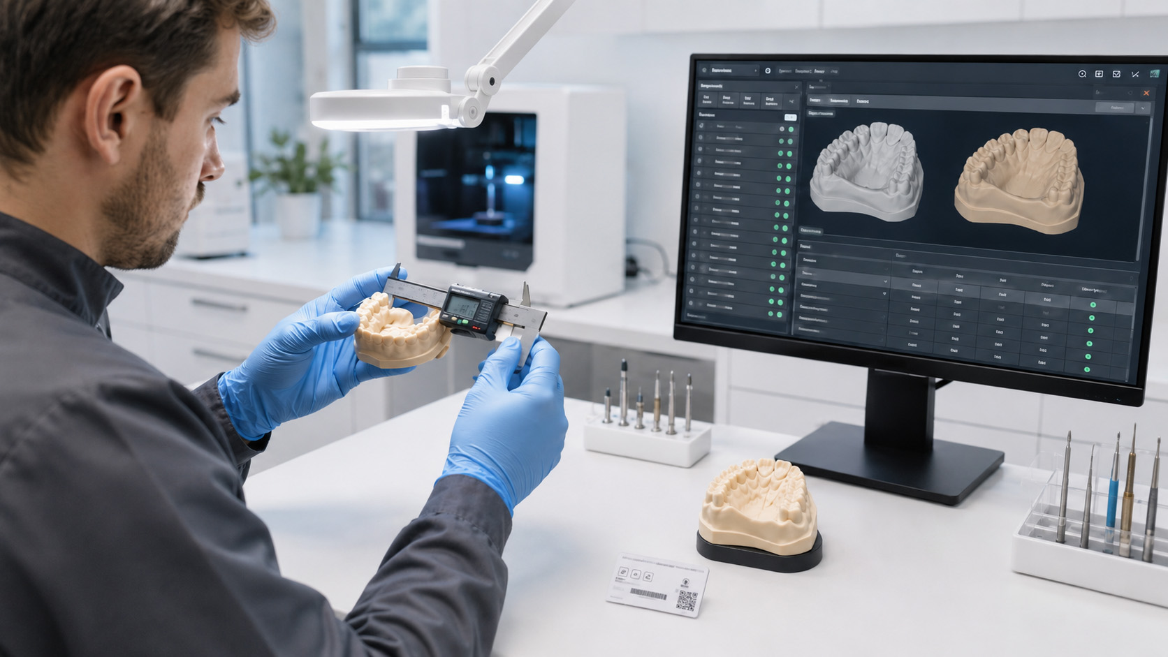 Engineer inspecting a completed 3D printed dental working model