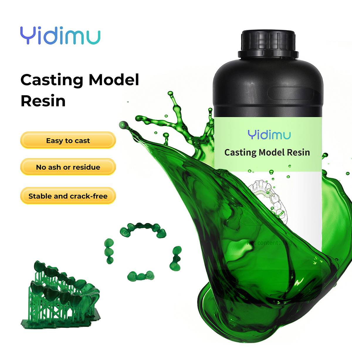 Yidimu castable dental resin bottle beside green printed crown and bridge patterns