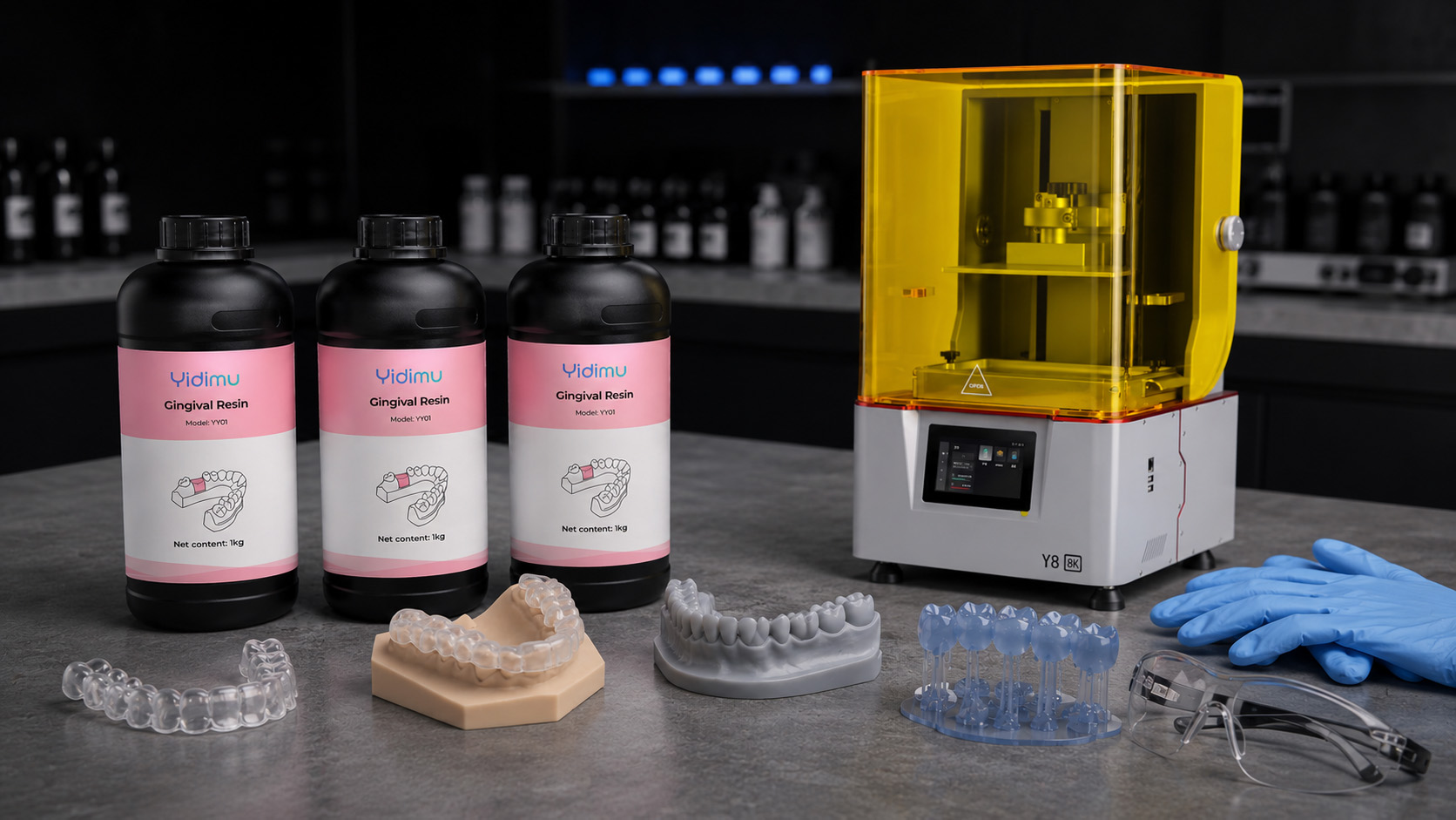 Yidimu dental model resin bottles beside resin printed working models