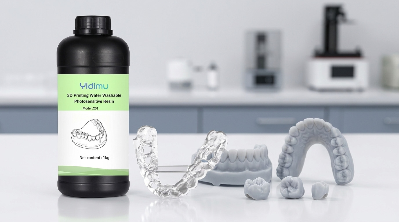 Yidimu water-washable dental model resin bottle beside printed dental working models